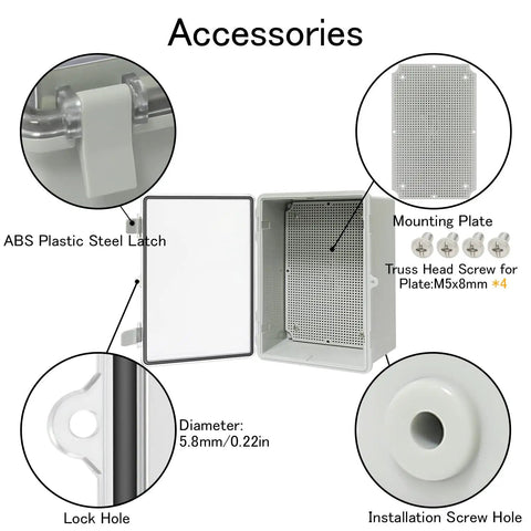 Diagram showing IP65 Waterproof Junction Box Enclosure With Hinged Clear Cover accessories including latch, plate, and screw details.