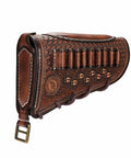 Vintage Leather No Drill Cheek Rest For Rifles And Shotguns With Buttstock Protective Pouch with cartridge holder visible.