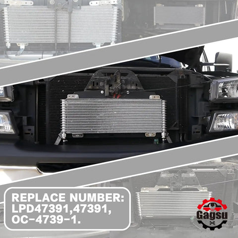 Front view of Low Pressure Drop Transmission Oil Cooler Kit LPD47391 installed in a heavy-duty truck