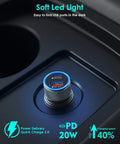 MFi Certified 38W Dual Port Car Charger with USB C Turbo Fast Charge, illuminated in car with PD 20W and QC 3.0 labels visible.