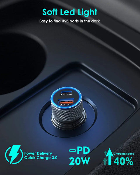 MFi Certified 38W Dual Port Car Charger with USB C Turbo Fast Charge, illuminated in car with PD 20W and QC 3.0 labels visible.