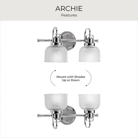 Two Light Coastal Bath Vanity Light With Clear Double Prismatic Glass Shades From Archie Collection Indoor Polished Chrome Finish P2991 15 shown with shades mounted up and down