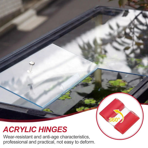 Clear Acrylic Hinges With Super Sticky Backing for dead easy door and drawer repairs on aquarium lid, showing flexible movement.
