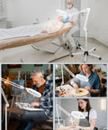 12X Magnifying Glass With Light And Stand in salon and workshop settings, large 6 by 4 inch optical glass lens, floor lamp with rolling base.
