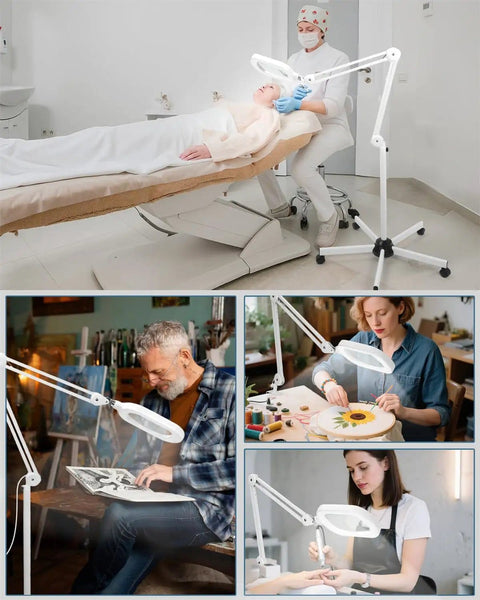 12X Magnifying Glass With Light And Stand in salon and workshop settings, large 6 by 4 inch optical glass lens, floor lamp with rolling base.