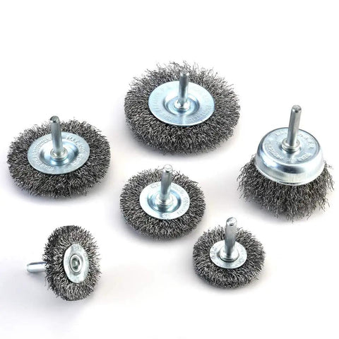 Six Piece Wire Brush Wheel And Cup Brush Set For Drill With One Quarter Inch Arbor And 0.012 Inch Crimped Carbon Steel Wires For Rust Removal