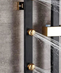 Close-up of Slick Brass Wall Mounted Shower Mixer Set Featuring Top Shelf Rainfall Head And Hella Powerful Massage Jets.