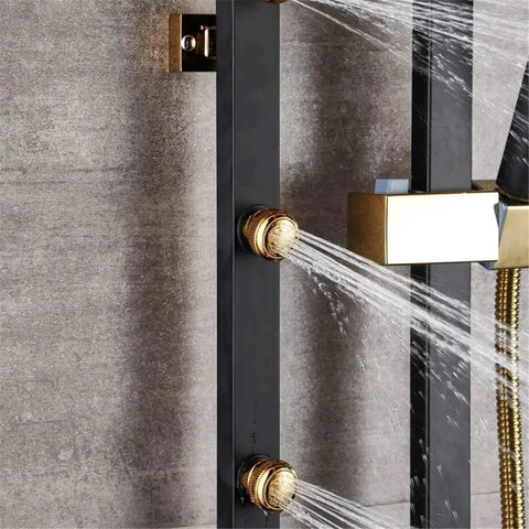 Close-up of Slick Brass Wall Mounted Shower Mixer Set Featuring Top Shelf Rainfall Head And Hella Powerful Massage Jets.