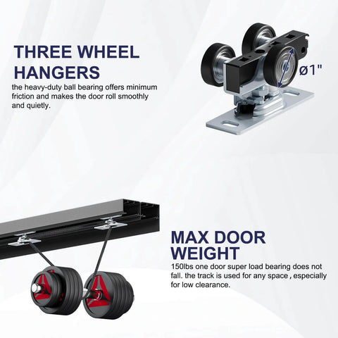 6Ft Bypass Closet Door Hardware Kit Top Mounted Track System Heavy Duty Aluminum Smooth Quiet Sliding For Two Doors Fits Minimum 36.5 Inch Door Panel Width Black Finish with three wheel hangers and max door weight feature.