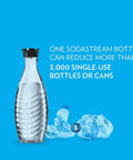 Glass Carbonating Carafe For Aqua Fizz Machines Eco Friendly 24 Oz Reusable Sparkling Water Bottle That Keeps Your Fizz Fresh And Crisp Dishwasher Safe Not Compatible With Other Machines next to crushed plastic bottles, blue background