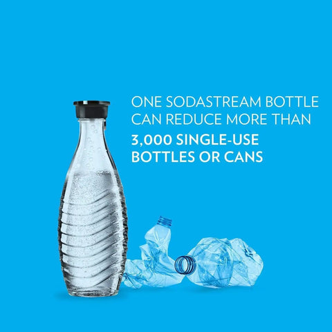 Glass Carbonating Carafe For Aqua Fizz Machines Eco Friendly 24 Oz Reusable Sparkling Water Bottle That Keeps Your Fizz Fresh And Crisp Dishwasher Safe Not Compatible With Other Machines next to crushed plastic bottles, blue background
