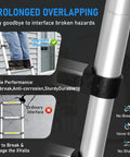 26.2Ft Telescoping Aluminum Ladder For Indoor And Outdoor Jobs, Lightweight Yet Sturdy Extension Ladder, Easy Fold Design, Non Slip Feet, Wider Pedals, Stable Safety Build For High Reach Projects And DIY Boss Level. close-up of upgraded overlapping ladder joint and lock