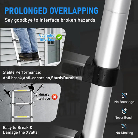26.2Ft Telescoping Aluminum Ladder For Indoor And Outdoor Jobs, Lightweight Yet Sturdy Extension Ladder, Easy Fold Design, Non Slip Feet, Wider Pedals, Stable Safety Build For High Reach Projects And DIY Boss Level. close-up of upgraded overlapping ladder joint and lock