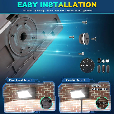 Crazy Bright 120W LED Wall Pack Light with Photocell showcasing easy installation with direct and conduit mount options.