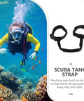 Adjustable Scuba Tank Carry Strap With Handle For Secure Transport Black Tank Retainer Band displayed next to diver underwater