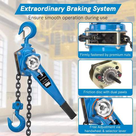 Heavy Duty Workhorse Manual Lever Hoist 3300 Lbs Load Capacity 20 Ft Chain Come Along Ratchet Puller features braking system