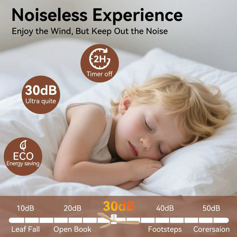 Child sleeping peacefully under the 52 Inch Wood Flush Mount Ceiling Fan With Lights And Remote, showcasing quiet DC motor operation.