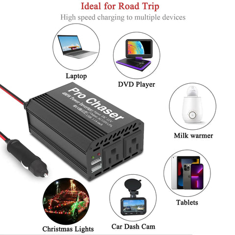 Rock Solid 400W Car Power Inverter 12V To 110V AC Converter with dual outlets for charging laptops and devices on road trips.