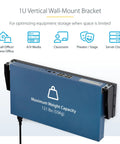 Rock Solid One U Vertical Wall Mount Bracket Holds A Beefy 121 Lbs Minimal Footprint 19 Inch Server Cases And Patch Panels image showing weight capacity of 121 lbs on a blue bracket.