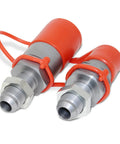 Two red flat-face hydraulic quick-connect couplers with silver #10 JIC bulkhead fittings