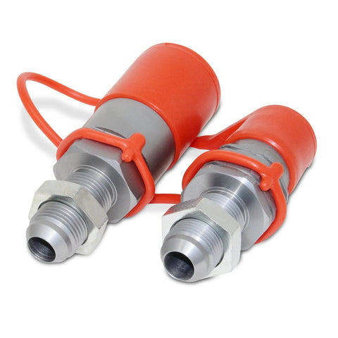 Two red flat-face hydraulic quick-connect couplers with silver #10 JIC bulkhead fittings