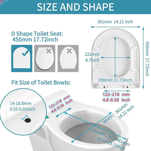 Dimensions of D Shape Toilet Seat With Soft Close Quick Release For Easy Clean Design Adjustable Length Fits Standard Toilets