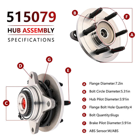 Front Wheel Hub Bearing Assembly For 4x4 Ford F-150 2005 To 2008 And Lincoln Mark LT 2006 To 2008 With 6 Lug Pattern And ABS Sensor Replacement 515079 Heavy Duty High Quality Hub Bearing Module specifications diagram