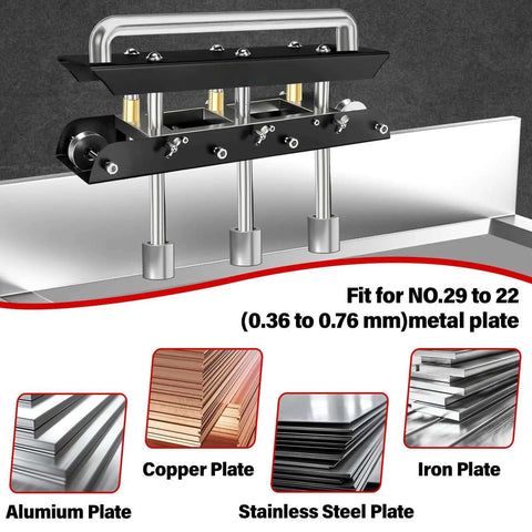 3-Station Edge Roller Bender for Metal Roofing with aluminum, copper, steel, iron compatibility displayed
