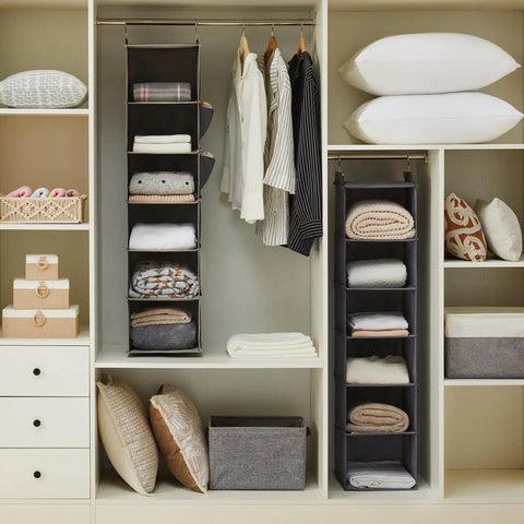 6 Shelf Hanging Closet Organizer Set In Grey, Double Pack, Space Saving Storage Shelves With Thick Nonwoven Fabric.
