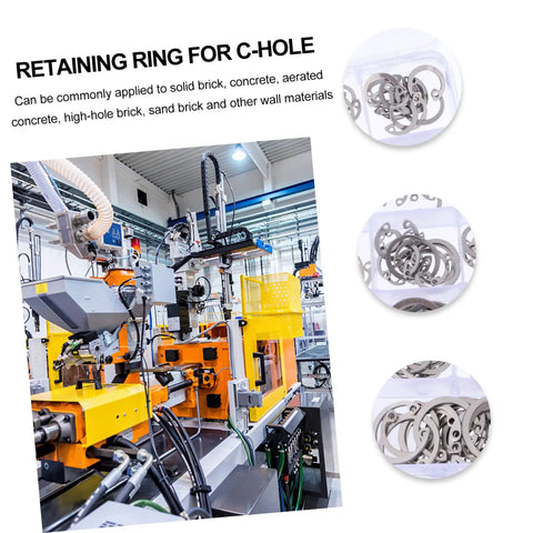 150 Piece Stainless Steel C Clip Snap Ring Set For Shafts And Axles, visible machinery and close-up of rings