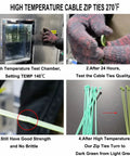 High temperature test of heavy duty 8 inch green cable zip ties 100 pack for indoor outdoor use, showing durability and color change.