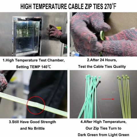 High temperature test of heavy duty 8 inch green cable zip ties 100 pack for indoor outdoor use, showing durability and color change.