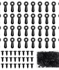Front view of 100 black metal picture frame turn-button fasteners with screws and storage box