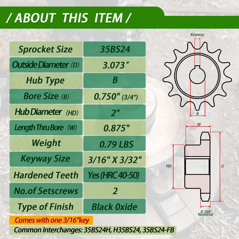 Diagram of 24 Tooth Sprocket For Mini Bikes And Go-Karts With Three-Quarter Inch Bore And Three-Sixteen Inch Keyway.