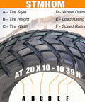 All Terrain Tubeless Off Road ATV UTV Tires Set Of 2 20X10-10 6PR Deep Tread High Traction tire details and dimensions diagram