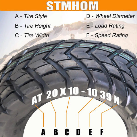 All Terrain Tubeless Off Road ATV UTV Tires Set Of 2 20X10-10 6PR Deep Tread High Traction tire details and dimensions diagram