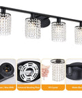 Black Four Light Crystal Vanity Light Fixture 31.5 Inch Over Mirror with sparkling crystal droplets and matte black frame