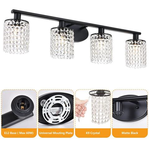 Black Four Light Crystal Vanity Light Fixture 31.5 Inch Over Mirror with sparkling crystal droplets and matte black frame