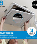 Installing 20x20x1 Air Filter MERV 8 MPR 600 12 Pack For HVAC Furnace in ceiling vent, showing dimensions and actual size details.