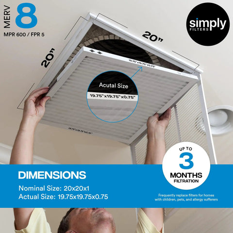 Installing 20x20x1 Air Filter MERV 8 MPR 600 12 Pack For HVAC Furnace in ceiling vent, showing dimensions and actual size details.