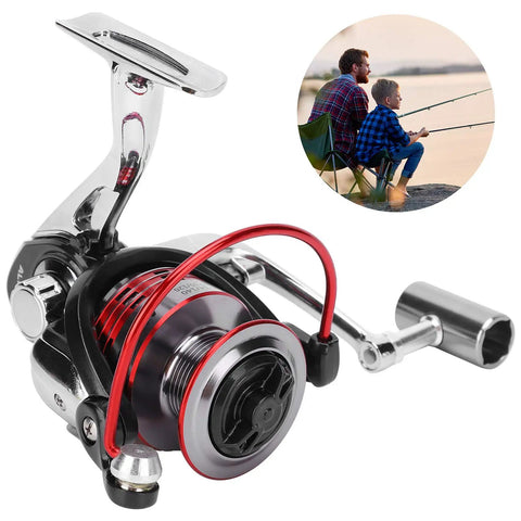 Beast Metal Spinning Reel With 13 Plus 1 Ball Bearings And 5.0 To 1 Gear Ratio next to anglers fishing by a lake.