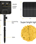Diagram of Outdoor Solar String Lights 39Ft 100 LED With 8 Modes Waterproof Warm White components, including solar panel and LED bulbs.
