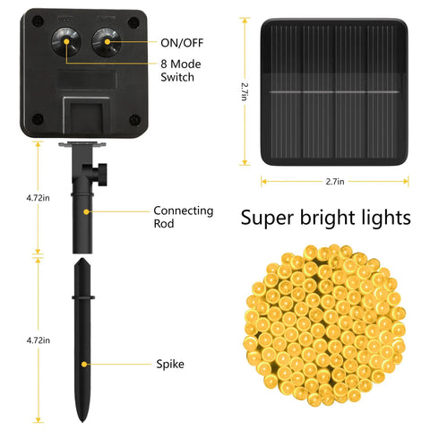 Diagram of Outdoor Solar String Lights 39Ft 100 LED With 8 Modes Waterproof Warm White components, including solar panel and LED bulbs.
