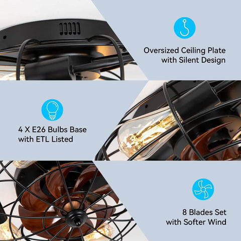 Flush Mount Ceiling Fan With Lights, 3 Speed Reversible Motor, Remote Control, 20 Inch, Black Finish With 4 E26 Bases, shown with oversized ceiling plate and 8 blades