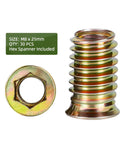 M8-1.25 Wood Threaded Inserts 25mm Long, 30 Pack With Hex Spanner, Zinc Plated Steel, showing separate insert and top view
