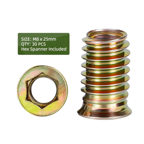 M8-1.25 Wood Threaded Inserts 25mm Long, 30 Pack With Hex Spanner, Zinc Plated Steel, showing separate insert and top view