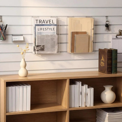 Two Pack Slatwall Magazine Display Pockets Clear Acrylic Literature Holders 8.5 W X 11 H X 2.5 D slatwall installation view