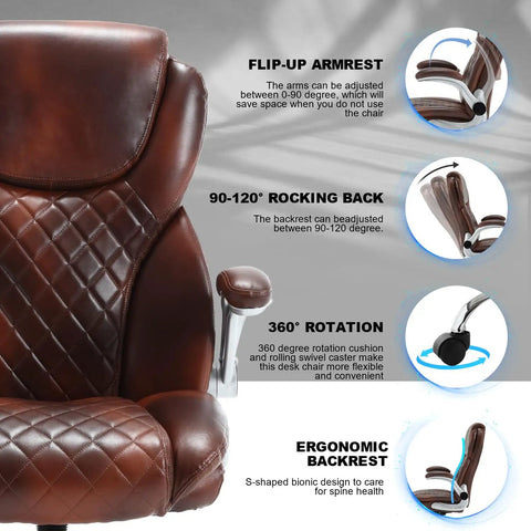 Big And Tall Leather Office Chair With Flip Up Arms High Back Executive Desk Chair showing features of ergonomic lumbar and rocking support.