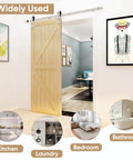 6 Ft Brushed Nickel Sliding Barn Door Hardware Kit With Smooth Quiet Hanger Rollers installed in interior doorway.