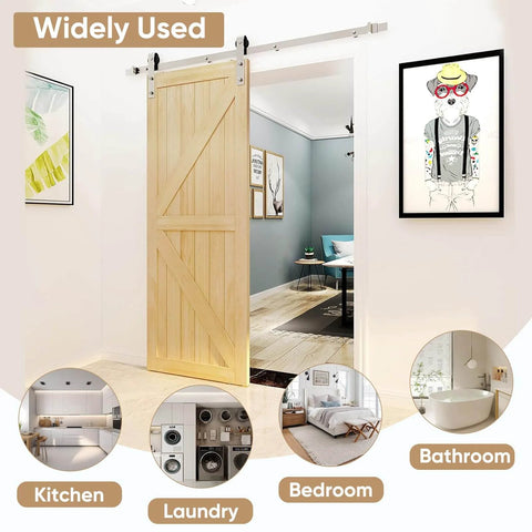 6 Ft Brushed Nickel Sliding Barn Door Hardware Kit With Smooth Quiet Hanger Rollers installed in interior doorway.